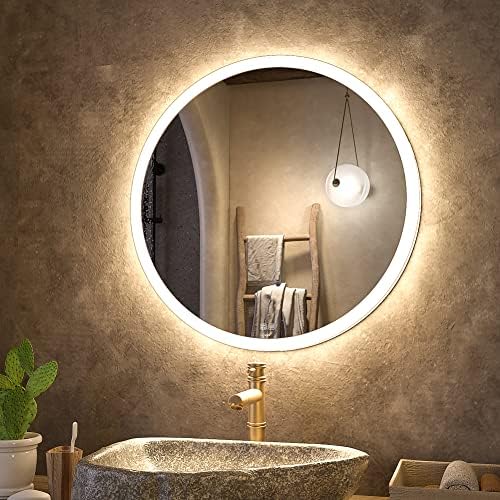 KWW 28 Inch LED Bathroom Mirror, Easy to Install Round Vanity Mirror, Color Temperature Adjustable, Anti-Fog Dimmable Lights, Wall Mounted Mirror with Smart Touch Button