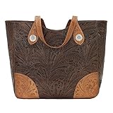 American West Hand Tooled Handcrafted 100% Genuine Leather Large Zip-Top Tote | Concealed Carry Pocket on Back | Purse for Women | Annie's Secret Collection | Western (Dark Brown)