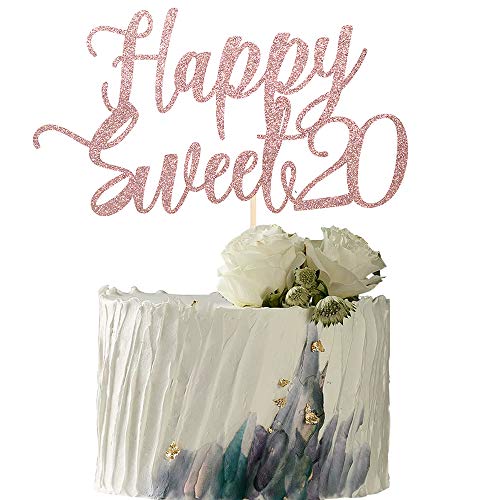 YUINYO Happy Sweet 20 Cake Topper -Cheers to 20 Year - Happy 20th Birthday Cake Topper- Sweet Twenty /20th Wedding Anniversary Party Decoration (Rose Gold)