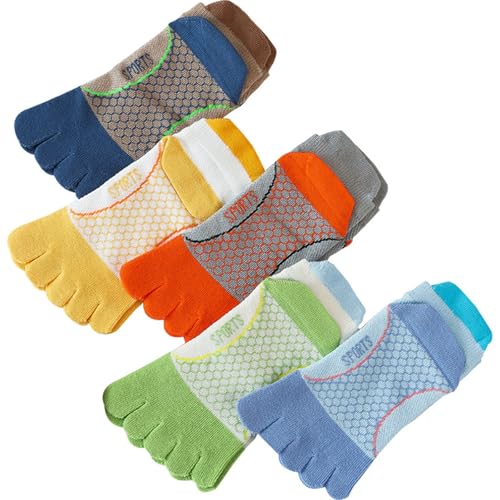 5 Pair Kids Toe Socks, Breathable Athletic Casual Rainbow Striped Five Finger Crew Ankle Socks for 3-7 Years Boys Girls