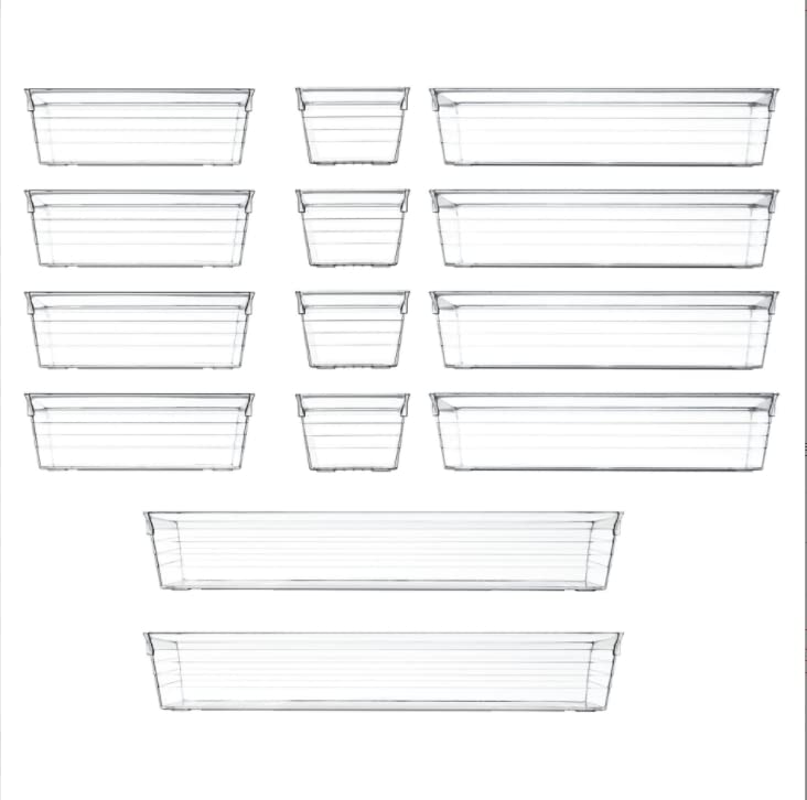 Mofish 14Pcs Clear Drawer Organizer, Mofish Plastic Desk Drawer Organizer Tray for Makeup Kitchen Utensils Jewelries and Gadgets - Let Messy Become Neat