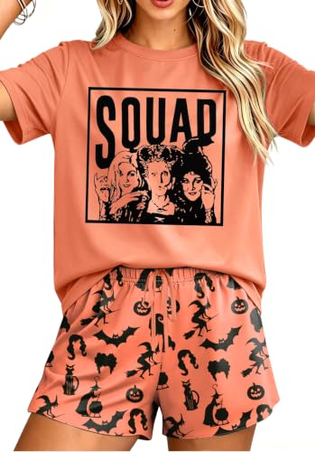 Ithalt Halloween Pajamas Women Sanderson Sister Short Sleeve Tops and Shorts Pjs Set Hocus Pocus Sleepwear(SandersonOrange,XX-Large)