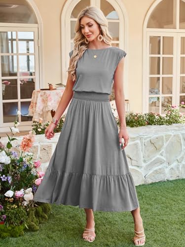Image of Kikibell Womens Summer Dresses Cap Sleeve Elastic Waist Midi Dress with Pocket Long Causal Sundress Beach Vacation Outfits