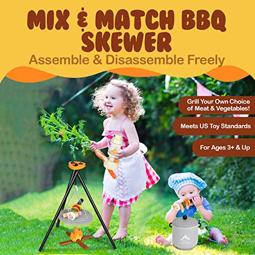 PLAY BRAINY 45 pc BBQ Toy Set for Kids -Pretend Play Camping Set w Campfire, BBQ Grill, Toy Food, Utensils, and More - Child-Safe Wooden Construction, Carrying Bag Included, Boys and Girls Ages 3 & up