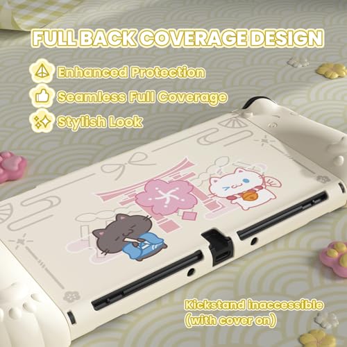 Image of playvital Protective Case for Nintendo Switch OLED with Extra Stand - Cherry Blossoms Kitten Dockable Hard Shell Cover + Silicone Grips for Switch OLED with Thumb Grips, Shockproof - Antique Yellow