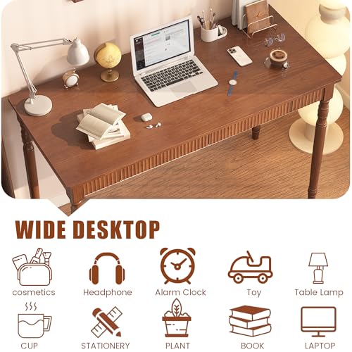 Image of 100% Solid Wood Desk with Drawers - 47.2 inch x 21.7 inch Mid Century Modern Desks, Vintage Writing Desk with Drawers, Simple Work Study Table, Home Office Computer Desks for Any Room - Walnut Color
