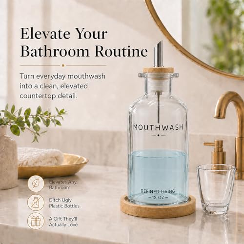 Image of Mouthwash Dispenser for Bathroom, 12 OZ Refillable Glass Mouthwash Bottle with Cup and Bamboo Tray, Decorative Mouth Wash Dispenser Set for Bathroom