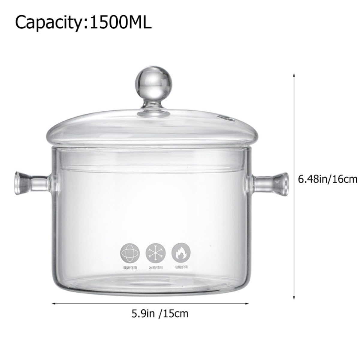 Olla de Sopa de Vidrio 1500ml Doble Asa para Cocinar