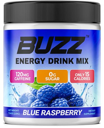 Morning Buzz Energy Drink Powder - Sugar Free Energy Drink Mix - Pre Workout Drink Mix with 18 Vitamins & Minerals No Jitters No Crash - Gluten Free No Artificial Dye Original Blue Raspberry Flavor