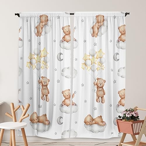 Yilinata Bear Themed Curtains for Kids Boys Girls Kawaii Sleeping Bears Cloud Balloon Nursery Toddler Rod Pocket Drapes Home Living Room Baby Bedroom...