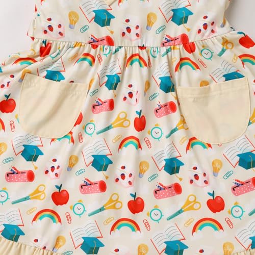 OBEEII Back to School Outfit for Girls Toddler First Day of School Kindergarten Bow Pencil Rainbow Printed Dress/Pockets4