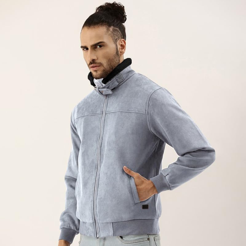 Image of CAHOOT Men's Front Zipper Jacket with Fleece for Casual Wear | Long Sleeve | High Neck | Zipper Closure | Suede Jacket Crafted with Comfort Fit for Everyday Wear