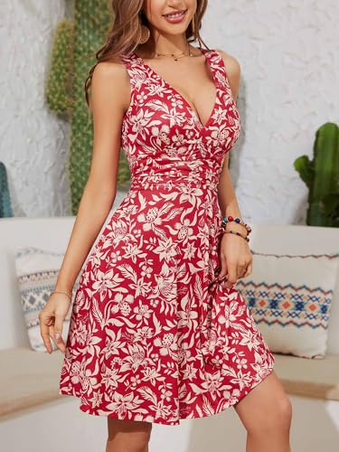 Image of OURIN Women's Spring Deep V Neck Sleeveless Floral Sundresses with Pockets Flowy Summer Dresses for Women
