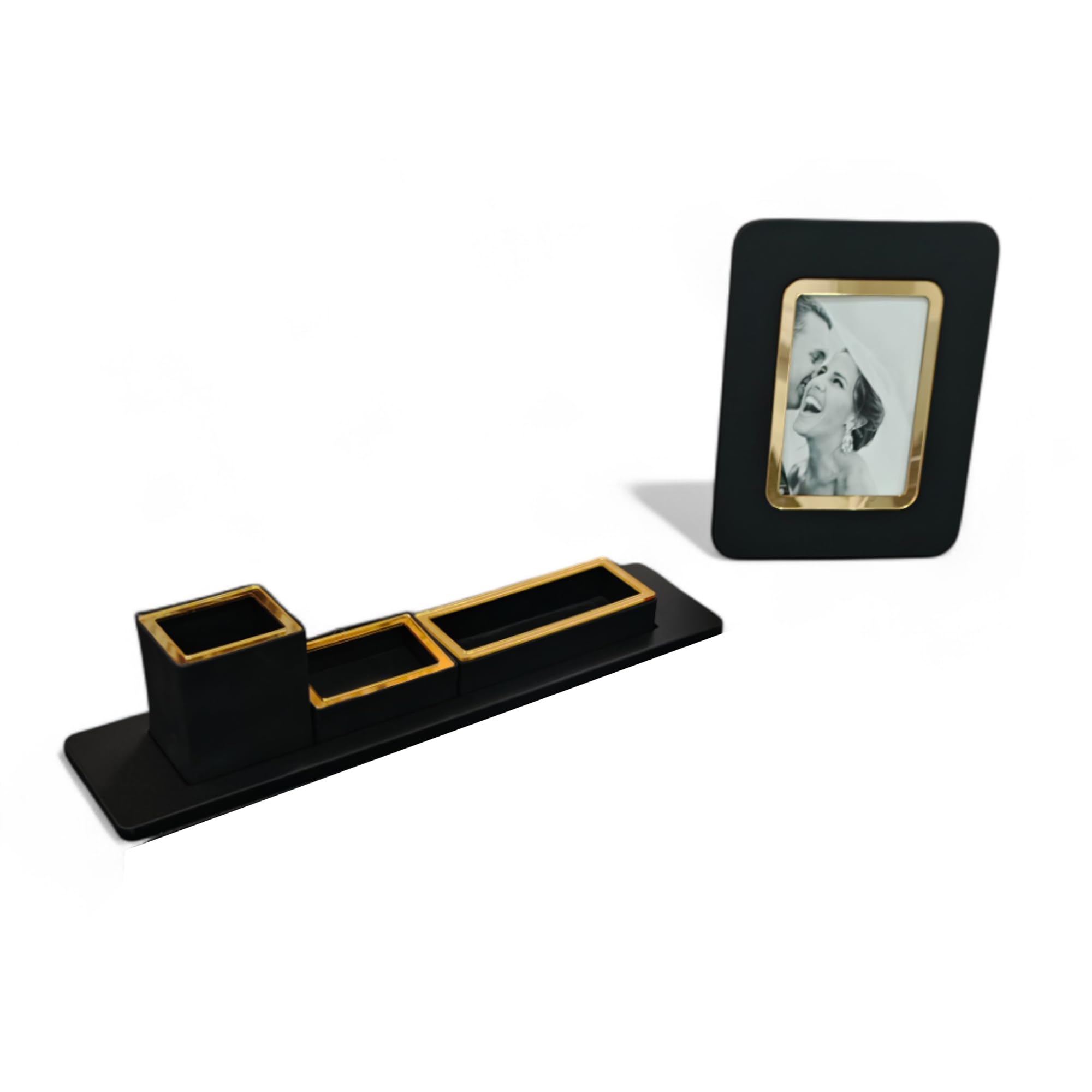 oggettando Set Scrivania in eco pelle PU Nera, 3 in 1 Organizer a incastro con Bicchiere Porta Penne, Porta bigliettini, Porta oggetti, Portafoto per Ufficio Casa (Acrilico Oro)