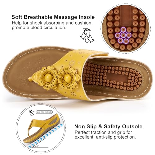 Image of Ecetana Womens Wedge Flip Flops: Orthopedic Cushion Non Slip Sandals - Comfortable Walking for All Day - Stylish Flower Adjustable Thong Sandals for Summer Casual Outing