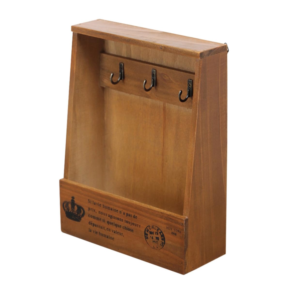 Caja de almacenamiento vintage de madera con 3 ganchos para llaves