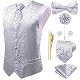 Hi-Tie Silver Jacquard Silk Suit Vest Bow Tie Necktie Set for Men Lapel Pin Gold Tie Clip Paisley Floral Waistcoat 8PCS Set Tuxedo Wedding Party