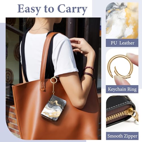 Image of Credit Card Holder RFID Wallet for Women, Small Leather Card Organizer Case with Zipper and Keychain, Black Marble