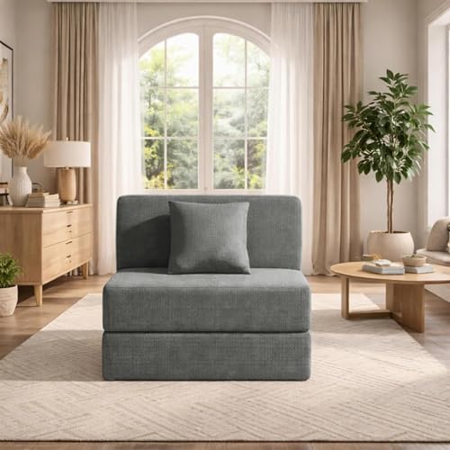 Image of Modern Jute Fabric Sofa Cum Bed with Cushion | 1-Seater Convertible Sleeper Sofa | Space Saving Folding Couch for Living Room, Bedroom & Guest Room-Grey