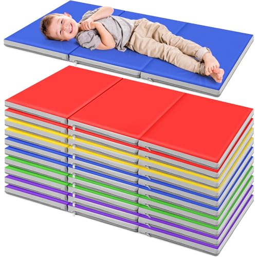 Image of Wesiti 10 Pcs Folding Kids Nap Mats for Preschool Daycare, 3 Section Folding Rest Mats Sleeping for Kids Toddler Nap 1 Inch Thick, Kindergarten School Classroom Supplies (Multicolor)