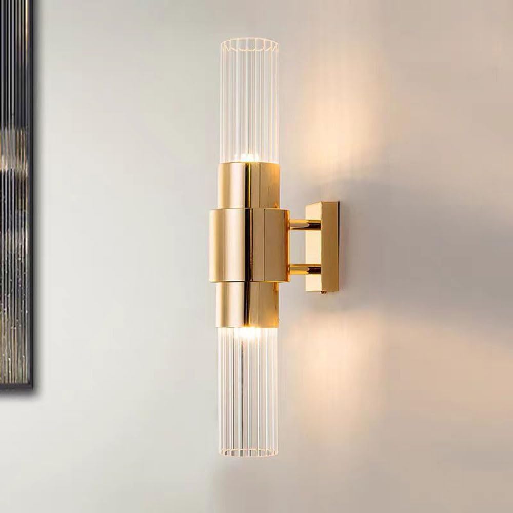 HPTHLY 17.7In Tube Wall Sconces Cylinder Clear Glass Wall Lamps Gold Metal Wall Lighting For Bedroom Reading Study Bedside