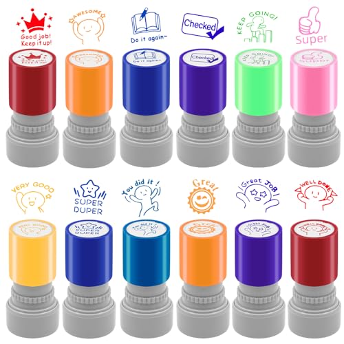 LOTMER 12 Pcs Teacher Stamps for Classroom, Rubber Colorful Stamps Classroom Rubber Stamp for Grading Homework Test Motivation Students Supplies