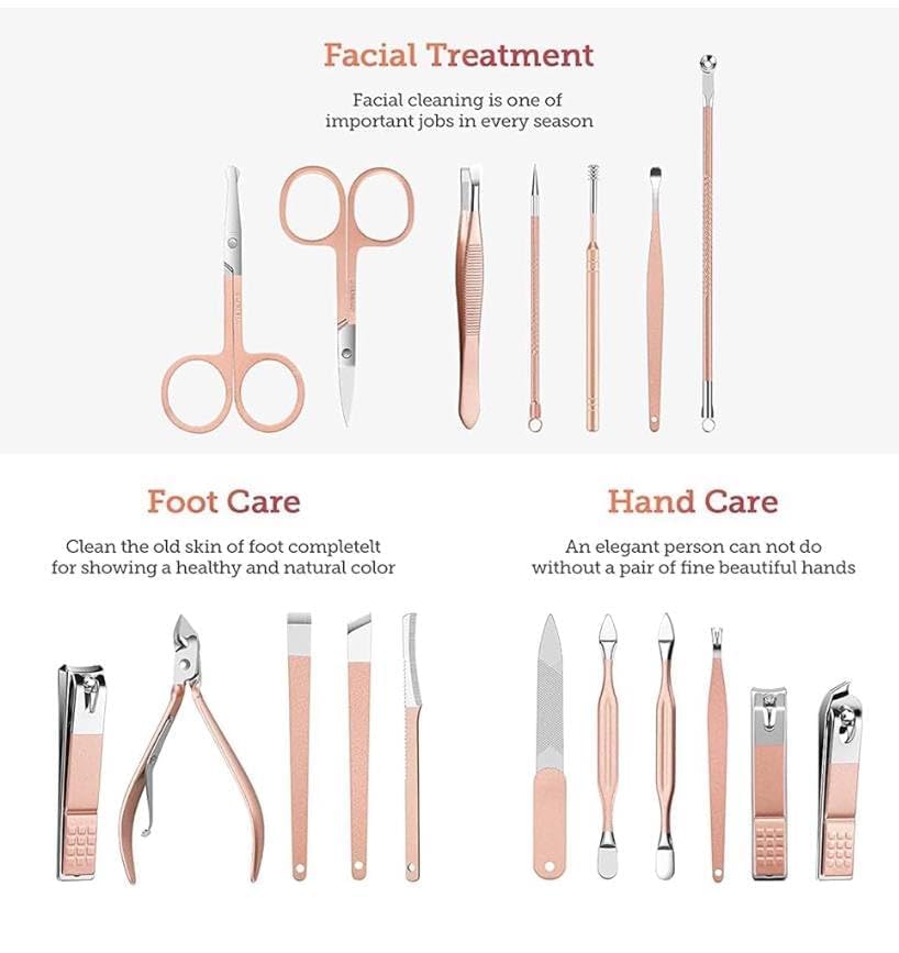 Image of WEZOSHINET Manicure Set Professional Nail Clippers Pedicure Kit, 18 pcs Stainless Steel Nail Care Tools Grooming Kit with Luxurious Travel Leather Case for Thick Nails Men Women Gift (Rose Gold)