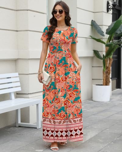 Image of COSSEN Women's Crew Neck Short Sleeve Maxi Dress with Pockets Casual Loose Swing for Wedding Guest Beach Vacation