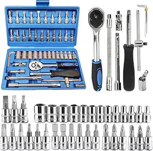 CrazyMart 46 in 1 Tool Kit & 1/4 inch Screwdriver wrench set for Multi Purpose Combination Tool Case Extension Bar and Adapter for Bike, Car Repairs goti pana set, 46 Pieces Socket Set (Multi color)