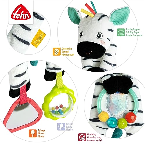 Fehn Bean Bag Zebra – Motorikspielzeug mit Perlenring für Kinderwagen, Kinderbett und Babyschale – Granulat Füllung zum Fühlen und Greifen – Spielzeug für Babys und Kinder ab 0+ Monaten