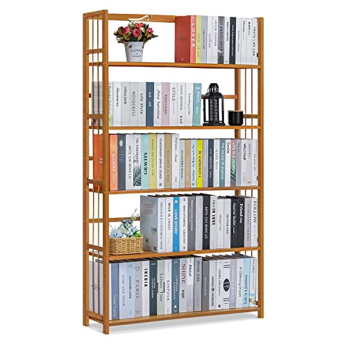 MoNiBloom Bamboo Wide 5-Tier Bookshelf Large Adjustable Bookcase Shelf Organizer Rack in Living Room Study Library Home Office, Natural