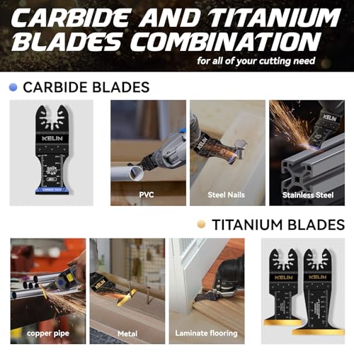 Image of KELIN 6 PCS Carbide and Titanium Multitool Blades Kit, Heavy Duty Oscillating Tool Saw Blades for Steel Bolts Screws Metal Wood Cutting with Hangable Case, Universal Interface Fit Bosch Fein Dewalt