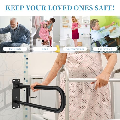 Image of Toilet Grab Bar 30.3 Inch Black, Munzong Anti-Slip Handicap Grab Bars with Paper Holder, Flip-Up Bathroom Safety Rails, Stainless Steel Knurled Support handrails for Seniors Elderly Disabled Pregnant