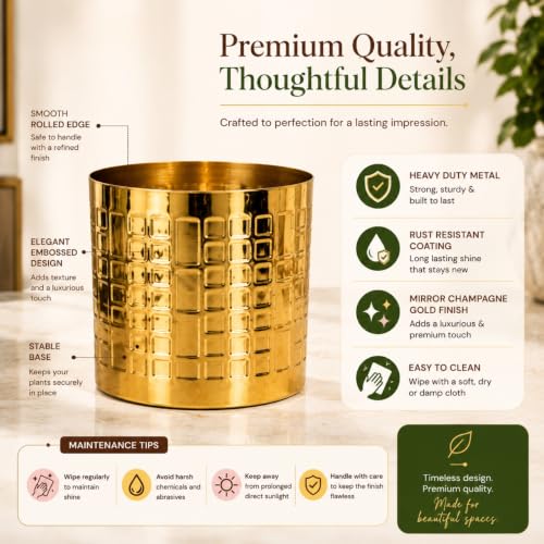 Image of ecofynd 1 Pack Metal Plant Pots (6 inch), Indoor Small Planter Flower Pots, Home Garden Decor Planter for Living Room Bedroom Interior (Gold Finish, POT055)