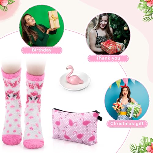 Image of Newtay 3 Pcs Animal Lover Gifts Set for Teacher Women Ring Holder Makeup Bag Fuzzy Socks with Grippers, Cute Gifts for Holiday Birthday(Flamingo)
