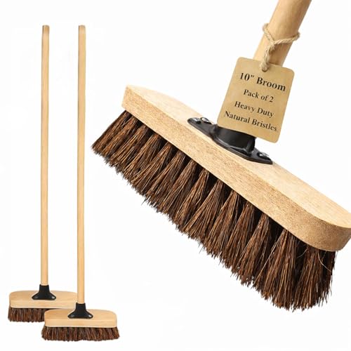 10” Garden Broom Outdoor with Wooden Handle Natural Stiff Bassine Hard Bristle Push Broom with Durable Support Bracket Yard Brush Heavy Duty Outdoor Stiff Sweeping Yard Brush (2)