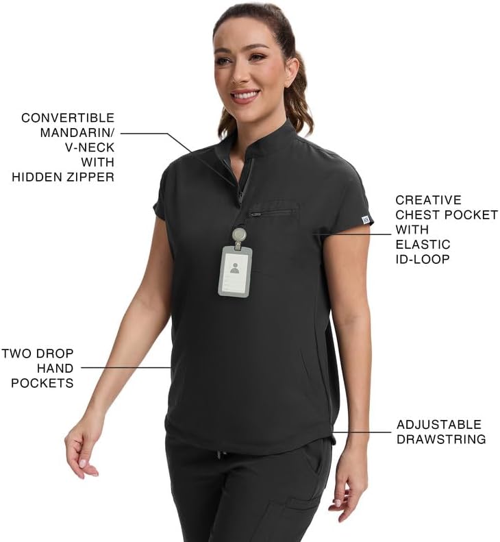 Kitmaz Women's Scrub Set - Convertible Mandarin/V-Neck Top & Straight Pants, 13 Pockets, Wrinkle & Splash Resistant Fabric - Image 3
