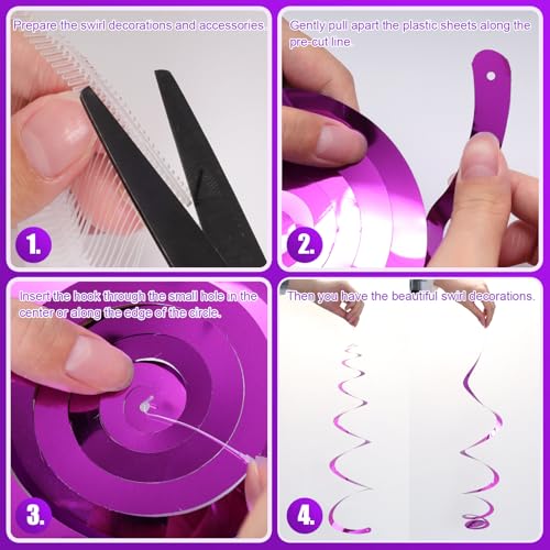 Image of Party Swirl Decorations Hot Pink Shinny Foil Hanging Swirl Decorations Plastic Streamer for Ceiling Plastic Streamer for Party Decorations Metallic Hanging Swirl Pack of 30 (Purple)