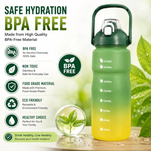 Image of Motivational Water Bottle with Straw & Handle, Time Marker Sports Sipper Bottle with Flip Top Lid, Gradient Water Bottle for Gym, Fitness, Workout, Travel, Office & Daily Hydration (Green, 3.3 Liter)