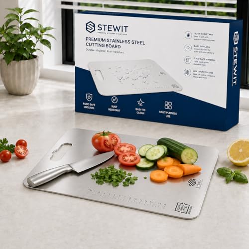 Image of Stewit Large Stainless Steel Cutting Board for Kitchen, Chopping Board for Meat, Vegetables & Fruit, Extra Large Heavy Duty Countertop Surface, Easy to Clean & Durable (32CM x 21CM)