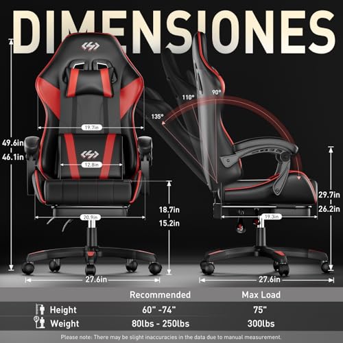 Image of HLDIRECT Gaming Chair, Ergonomic Computer Office Chair with Lumbar Support Footrest Headrest, Adjustable Height & Backrest Angle Video Gamer Chair, PU Leather, 360 Swivel, Adult (Black&Red)