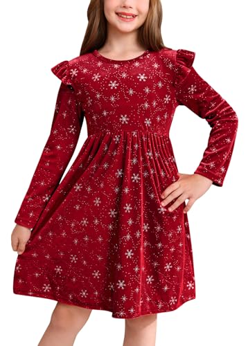 BesserBay Christmas Girls Velvet Solid Ruffle Long Sleeve Midi Dress 4-12 Years
