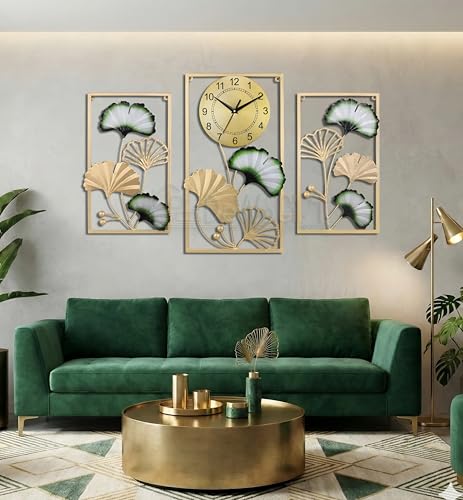 Image of Luxury Ginkgo Leaf Metal Wall Clock - Large Gold & Green Botanical Wall Art Set for Living Room, Bedroom, and Hallway Decor - Modern Silent Quartz Movement - Set of 3