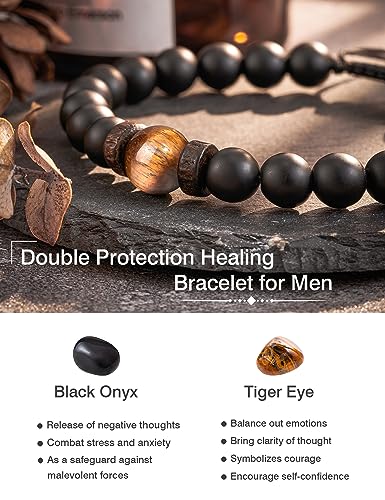 Seyaa Double Protection Natural Stone Bracelet for Men Teen Boys, Tiger Eye Black Onyx 8mm Handmade Bead Bracelet Crystal Bracelet Bring Luck2