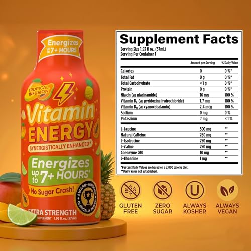 Image of Vitamin Energy Tropical Infusion Extra Strength Energy Shot, 24 Pack - Up to 7 Hrs, 260mg Natural Caffeine, Zero Sugar - BCAAs + CoQ10, Focus Support, B12 B6 Niacin, 1.93 fl oz, Keto Vegan