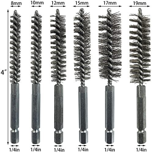 Image of 6 Pieces Stainless Steel Bore Brush Set in Different Sizes, Twisted Wire Cleaning Brush with 1 /4 Inch Hex Shank for Power Drill Impact Driver (8, 10, 12, 15, 17, and 19mm)