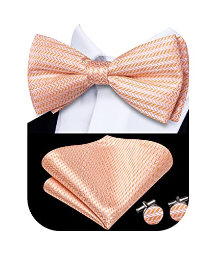 Image of Hi-Tie Coral Orange Bow Ties for Men Party Formal Jacquard Pre-Tied Bowtie with Pocket Square Cufflinks Set, Coral Orange B