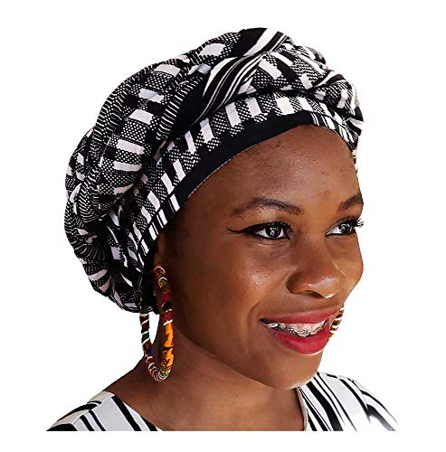 Dupsie's Black and white Kente African Print Modu Hat - Pre-tied Head wrap