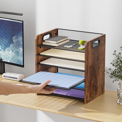 Image of Marbrasse 6 Tier Paper Organizer Letter Tray - Wooden Desk File Organizer with Handle, Paper Sorter Organizer for Letter /A4 Office File Folder Holder