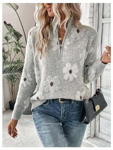 Women's Floral Sweaters Quarter Zip Pullover Chunky Mock Neck Sweaters Oversized Drop Shoulder Knit Tops3